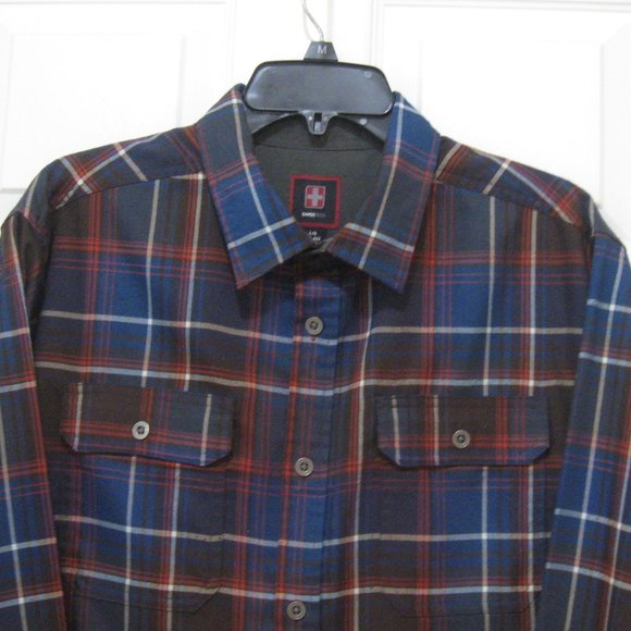 Swiss Tech Mens Plaid Shirt sz L (42-44) Rust Brown Dark Blue - Picture 2 of 10